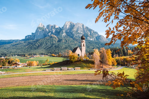 Preview: Bright photo of St. Constantine church in Dolomites, Trentino Alto Adige Italy