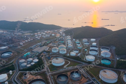 Preview: Aerial view of petrochemical oil refinery and sea in industrial engineering concept in Bangna