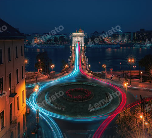 Preview: Aerial view of traffic at Clark Adam Square with Szechenyi Bridge at night - Budapest, Hungary