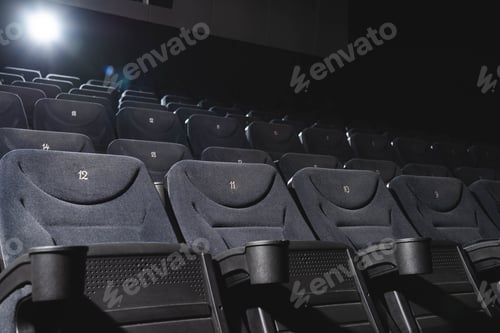 Preview: cinema hall with rows of grey seats in darkness