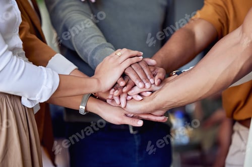 Preview: Business, hands and huddle for teamwork, support and team building at startup with diversity at wor