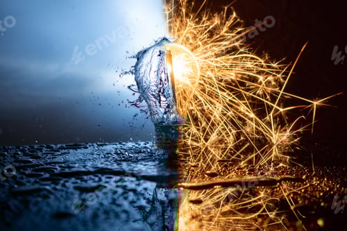 Preview: Light bulb with splashing water and sparkling fire on each side.