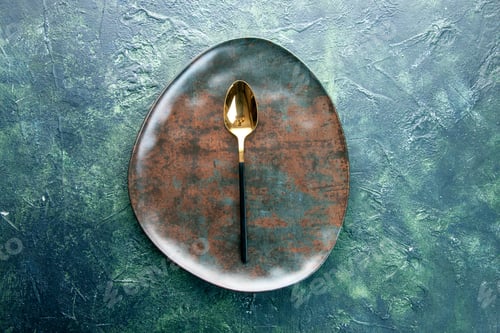 Preview: top view brown empty plate with golden spoon on dark background restaurant food kitchen utencil
