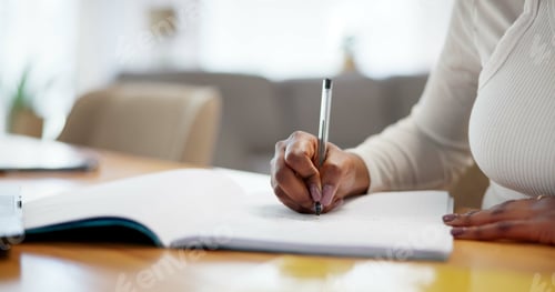 Preview: Hands, notebook and study in home for university, online course and research project with writing a