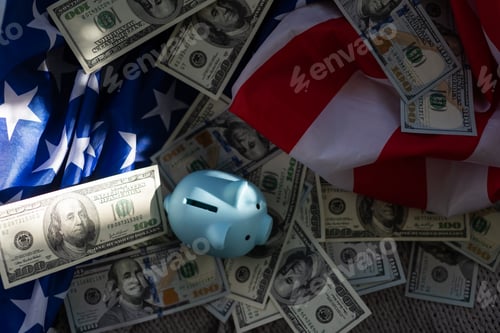 Preview: piggy bank with paper currency on an American Flag