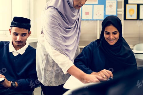 Preview: diverse muslim children studying in classroom