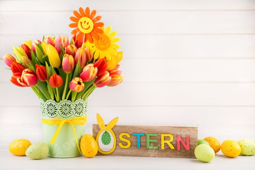 Preview: A colorful spring greetings card with tulips for Easter, Mother's Day.