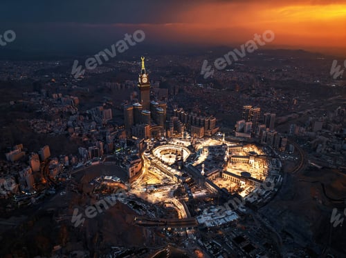 Preview: Aerial night of Mecca’s Grand Mosque and Clock Tower