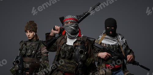 Preview: Radical militants in camouflage group portrait