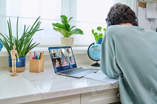 Preview: Video conference, teenage male looking at laptop screen with group of students
