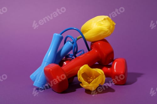 Preview: Sports accessories with spring flowers, on a purple background.
