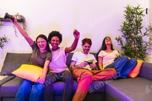 Preview: Excited Friends Cheering Over a Win in Video Games