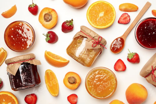 Preview: Composition with jam and ingredients on white background, top view