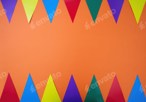 Preview: Carnival party, garland, colorful triangle flag as frame on orange background. Space, ad template.