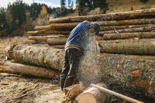 Preview: Detail of a woodworker cutting the wood and sawdust flying around with a pile of wood in the back