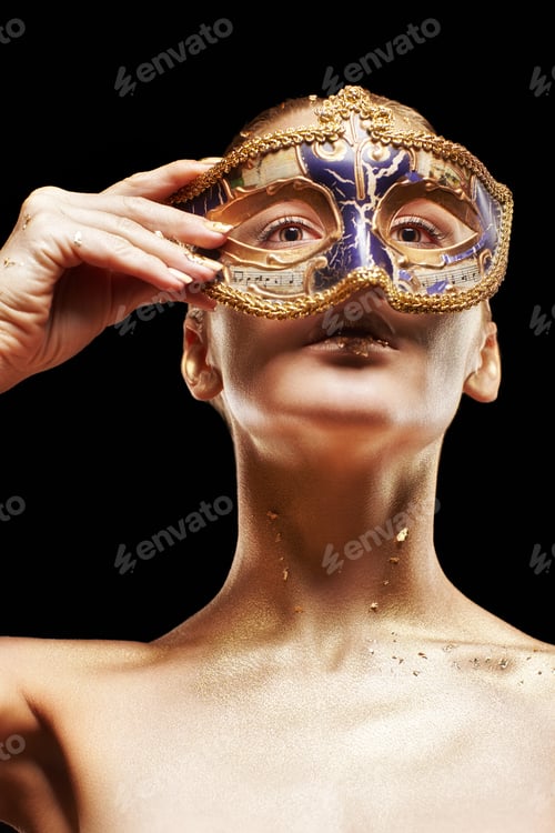 Preview: Beauty Portrait Of Young Gorgeous Woman. Female With Masquerade Carnival Venecian Mask In Hand Near
