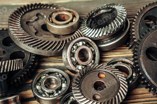 Preview: Car parts gears and bearings on wooden background
