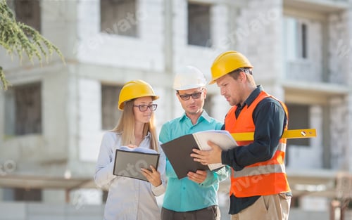 Preview: men and a woman in yellow and white helmets, blue shirts are standing at a construction site