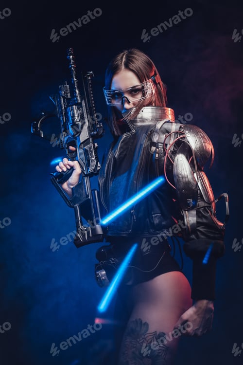 Preview: Futuristic female agent armed with rifle posing in dark background