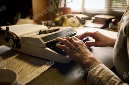 Preview: Hands of Young Adult Caucasian Woman Composing Story on Typewriter at Desk