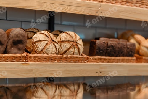 Preview: Freshly baked bread laid out in baskets on bakery counter