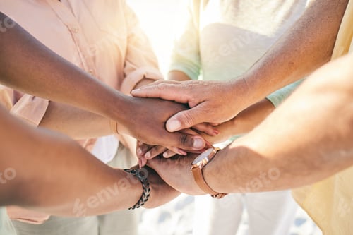 Preview: Group of people hands stacked outdoor for teamwork, community support and collaboration in prayer o