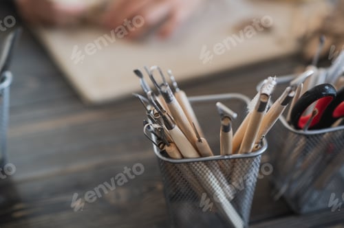 Preview: Detail from pottery work room - brushes and tools