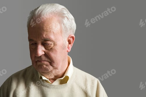 Preview: Thoughtful senior man gazing downward in contemplation