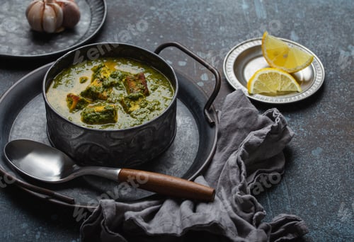 Preview: Indian dish Palak Paneer in bowl on rustic stone table