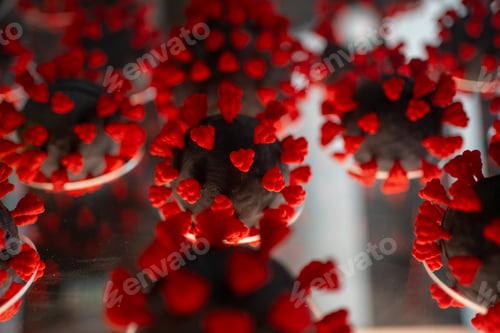 Preview: Black Spheres with Red Protrusions Against Blurred Background