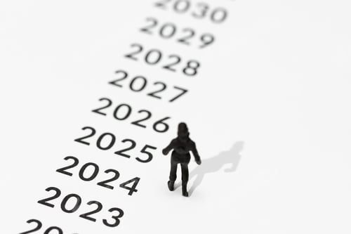 Preview: Woman figurine looking at the future years marked on the ground