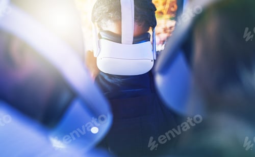 Preview: Metaverse, glasses and virtual reality gamer group playing online game with futuristic gadgets. Vr,