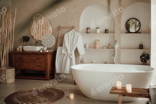 Preview: Luxurious interior bathroom in modern minimalist bright earth tones style with oval bathtub