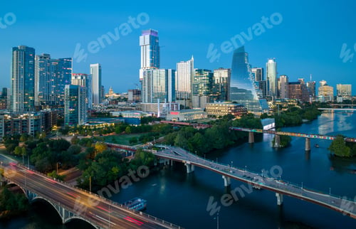 Preview: Aerial view of Austin city with river and skyscrapers in Texas
