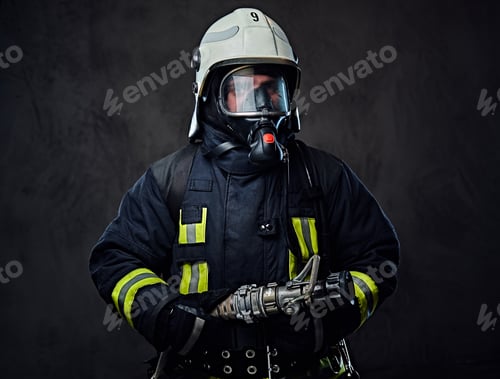 Preview: Firefighter dressed in uniform and an oxygen mask.