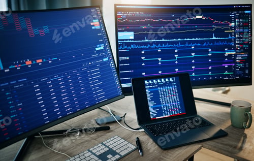 Preview: Computer screen, stock market and data analytics background of cryptocurrency, financial stats and