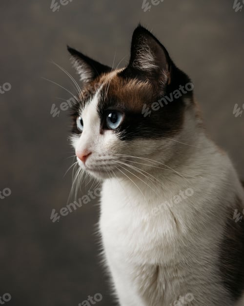 Preview: Snowshoe tabby cat with bright blue eyes stares off to the left against a textured background