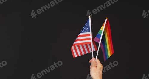 Preview: Hand is hold union USA flag and pride flag on black background