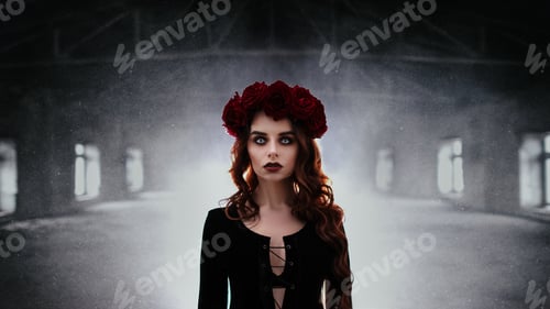 Preview: Woman in Black Dress with Red Roses