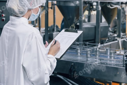 Preview: food cannery industry hygiene worker at conveyor belt, factory clean and hygiene inspector team