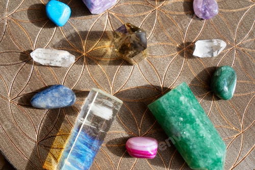 Preview: Healing crystals on brown background