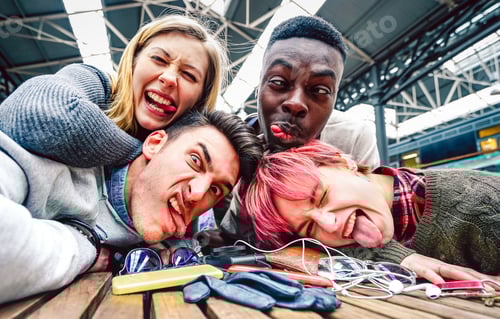 Preview: Drunk friends taking selfie with crazy funny faces at indoor event