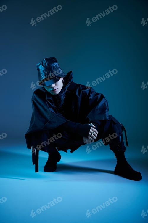 Preview: Stylish young man in modern streetwear poses dramatically under blue lighting