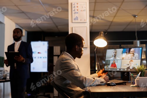 Preview: Entrepreneurs brainstorming business ideas during online videocall
