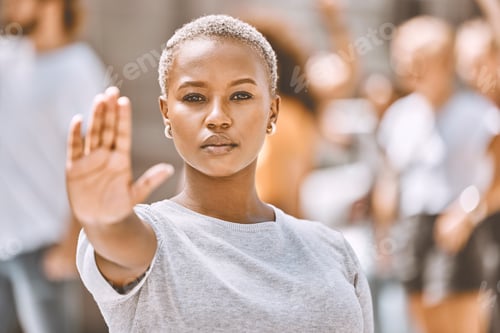 Preview: Stop, protest and hand of black woman in city for activism, social justice or empowerment. Justice,