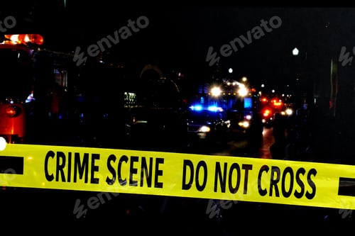 Preview: Crime Scene Do Not Cross yellow tape with police and firetruck flashing blue red lights at night