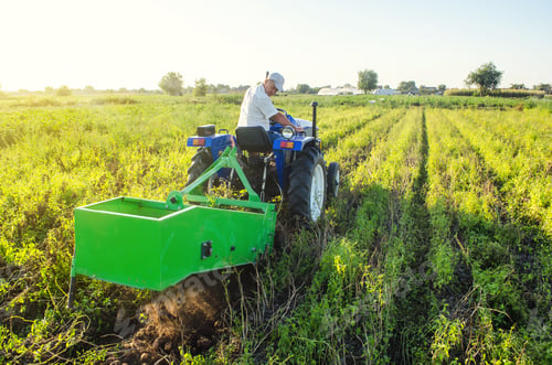 Preview: A farmer on a tractor drives across the field and digs potatoes. Countryside. Food production. Extra