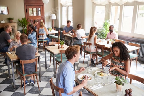 Preview: Customers Enjoying Meals In Busy Restaurant