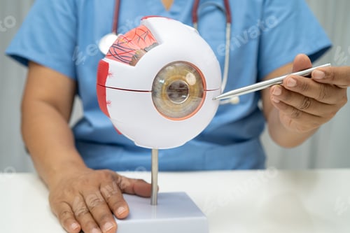 Preview: Asian doctor with eye human anatomy model for study diagnosis and treatment in hospital.