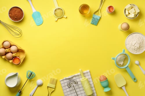 Preview: Time to bake. Baking ingredients - butter, sugar, flour, eggs, oil, spoon, rolling pin, brush, whisk